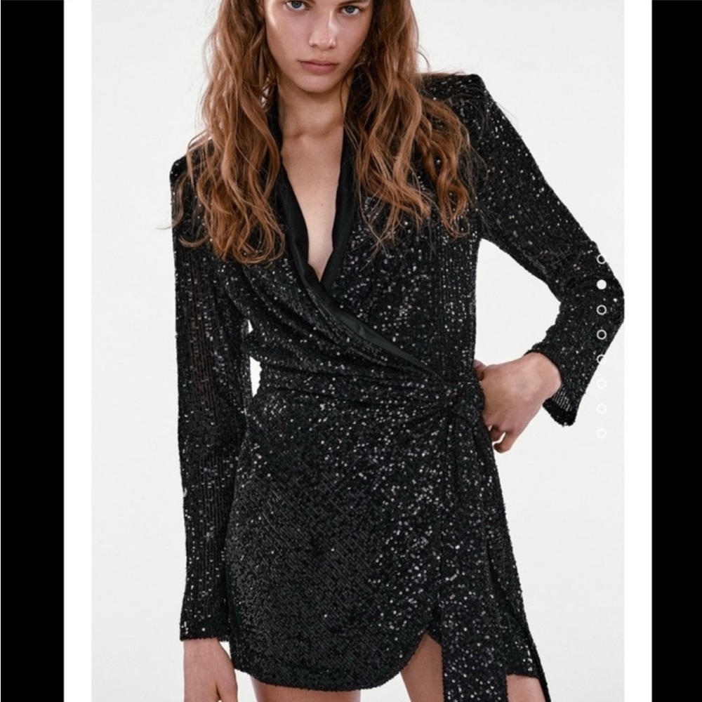 Zara Black Sequin Wrap Dress Size M